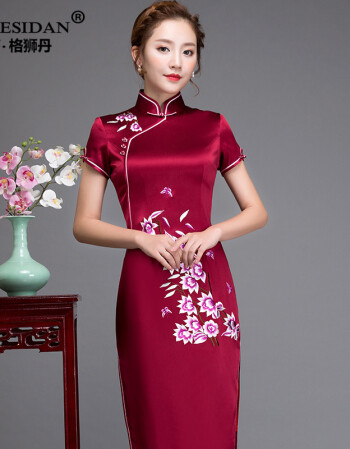 2018夏季新款妈妈装婚礼真丝旗袍喜婆婆旗袍裙桑蚕丝中长款印花连衣裙