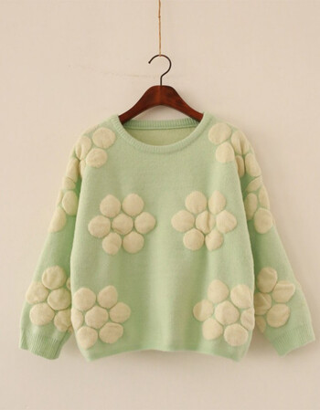 Polimoda 秋冬新款甜美立体花朵宽松套头加厚小清新毛衣 日式森女系短上衣ss1000 绿色 均码