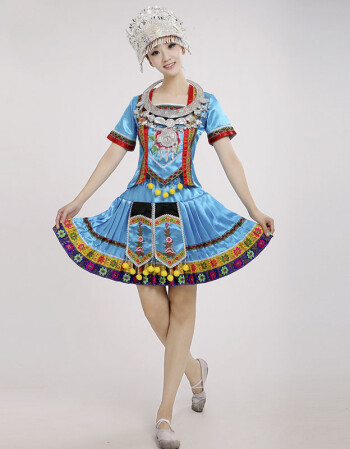 广西壮族少数民族服装女土家族舞蹈演出服饰彝族苗族舞蹈服装 蓝色(带