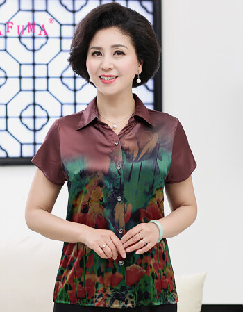 达芙玛/真丝妈妈夏装短袖上衣50岁婆婆衬衫女桑蚕丝绸缎中老年人夏季