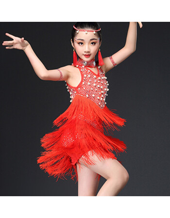 2018新款儿童拉丁舞比赛演出服女童手工串珠流苏镶钻表演服装 红色 s