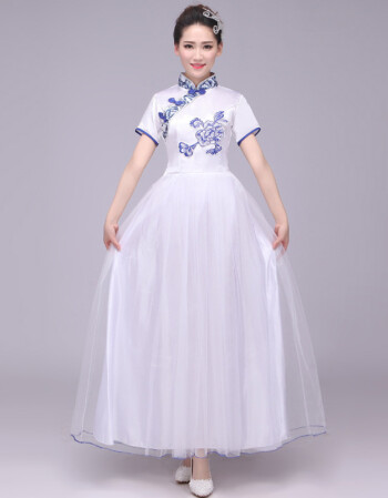 青花瓷演出服装男女成人大合唱表演服古筝古典诗朗诵长短裙合唱服 带