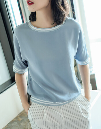 醇厚重磅真丝上衣半袖女士蓝色t恤短袖女2018新款宽松sn6570 雾霾蓝 m