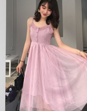 夏季中长款吊带连衣裙高腰蕾丝拼接网纱裙v领无袖长裙a字裙女 粉色 xl