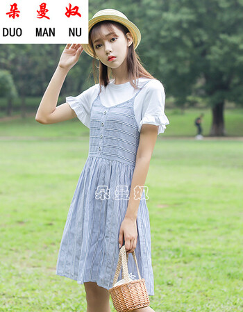 朵曼奴森女系可爱少女00后网红初恋超短裙子夏装初中学生韩版中长款假