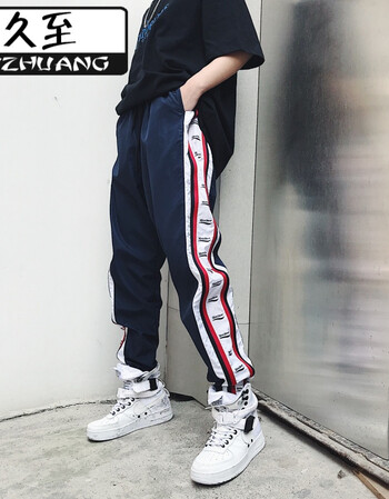 超火的裤子串标宽松嘻哈运动裤 国潮hiphop街舞滑板男女九分裤 藏青色