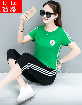 短袖女生运动服套装休闲透气吸汗爬山跑步七分裤两件套女夏衣服 绿色