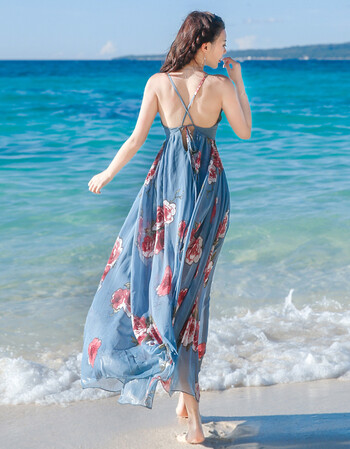 bxay 2017夏季新款仙裙吊带露背雪纺连衣裙波西米亚长裙海边度假沙滩