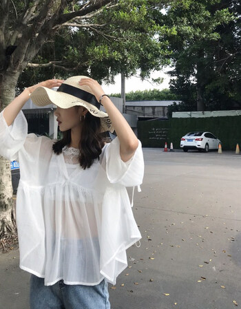 夏季仙女蕾丝花边v领系带袖子防晒外罩衫上衣 裹胸吊带套装女 白色