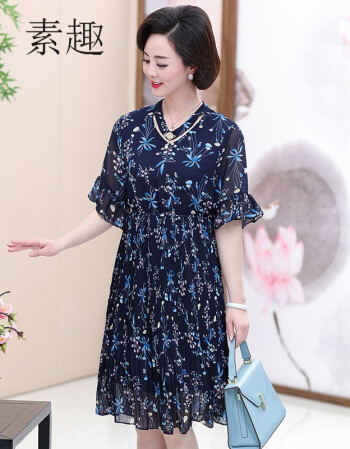 素趣中老年妈妈夏装短袖雪纺过膝裙子40岁女人中年中长连衣裙高贵薄50