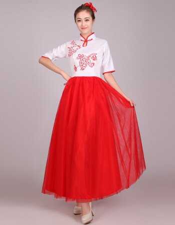 新款中国风舞蹈比赛服装女合唱团朗诵演出服显瘦古筝二胡长裙 红色