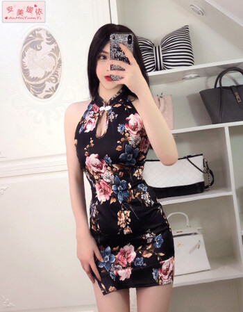 复古盘扣诱惑旗袍超短裙2018夏季印花侧开叉露大腿夜场上班情趣连衣裙