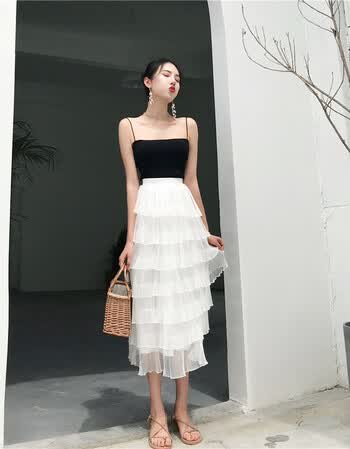 针织小吊带 多层荷叶边半身裙两件套女夏 黑色吊带 均码