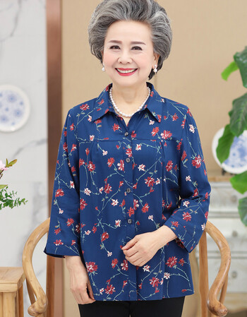 妈妈夏装女衬衣60-70岁奶奶装春夏宽松翻领纯棉t恤衬衫80老人衣服 1号