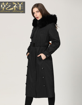 乾祥2018新款皮草女长款獭兔毛内胆狐狸毛领韩版纯色派克服大衣 黑色