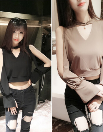 网络直播女主播上镜衣服夜店性感露肩镂空长袖露脐短款打底上衣秋