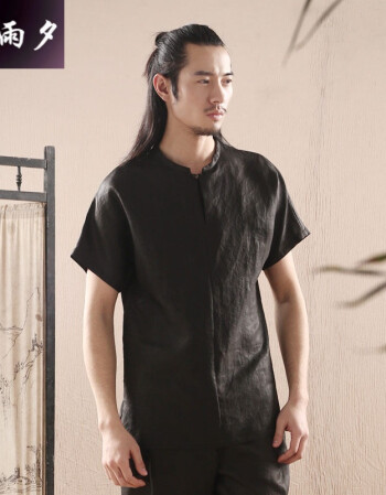中国风丝汉唐装男夏短袖禅服新魏晋汉服桑蚕丝衬衣香云纱衬衫男 纯黑