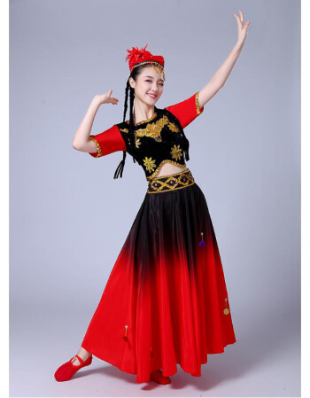 2018新疆舞蹈服装新款演出服女民族长裙表演服成人维吾尔族大摆裙 黑