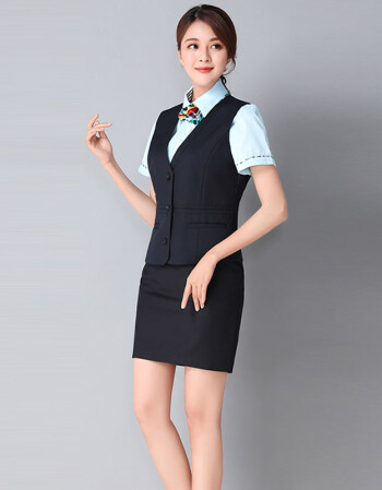 剑貂(jiandiao)新款邮政储蓄银行工作服女马甲夹湖蓝一步裙短裙邮局工