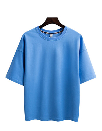 男士短袖t恤打底衫上衣服夏季圆领半袖纯白色五分袖宽松七分中袖 蓝色