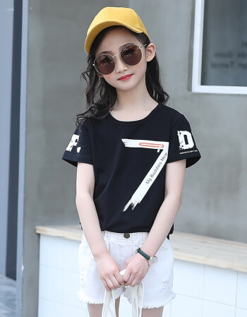女童短袖t恤2018韩版小女孩夏装儿童半袖打底衫夏季女生体恤jyl 7字黑