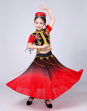 款儿童演出服疆舞服装少儿疆维吾尔族表演舞蹈舞台服女童春 红色款