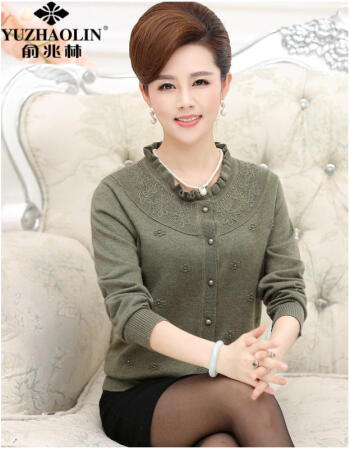 俞兆林中老年女装春装 妈妈装针织衫外套wy15203 驼灰绿 xxl