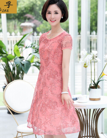 年轻妈妈夏装雪纺短袖过膝裙子四十岁女人连衣裙高贵中老年女装50