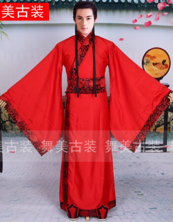 【舞美】男士款汉服直裾汉朝婚礼影楼古代大侠客演出服装红色古装