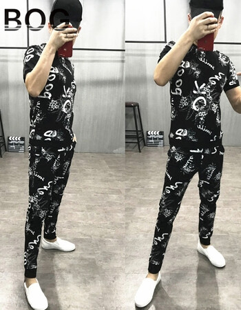 bog 伟奇香港潮牌夏季新款社会精神小伙休闲字母套装男潮流韩版大码