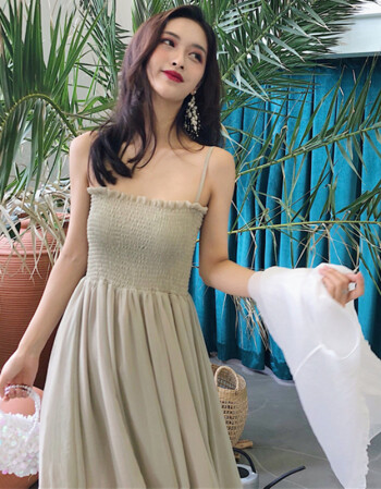 罗兰法尼甜美超仙 压褶木耳边抹胸式吊带裙女夏季收高腰中长裙雪纺