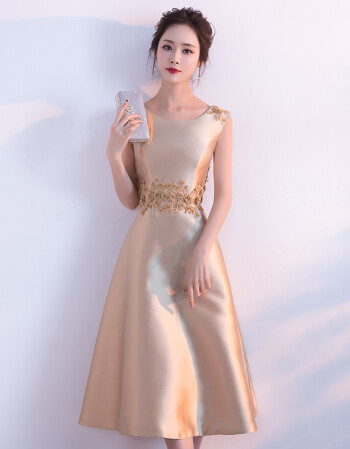 夏尔维纳晚礼服女2018新款中长款宴会公主优雅主持人小礼服金色派对