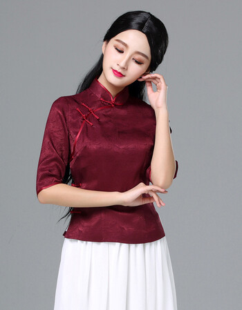 复古中式盘扣真丝旗袍上衣 改良茶服时尚短款民国风唐装女装汉服 枣红