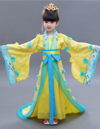 儿童贵妃拖尾古装女童 古代公主仙女cos小孩舞台走秀演出服装汉服lhm