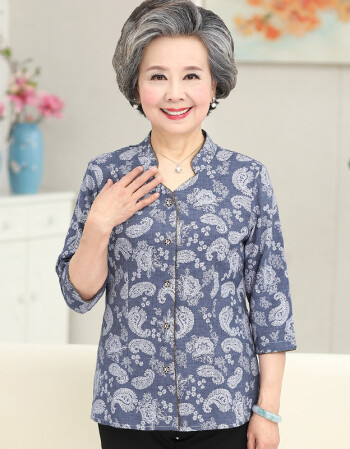 老奶奶夏季套装女老年人中袖女装60-70-80岁老太太七分袖印花上衣