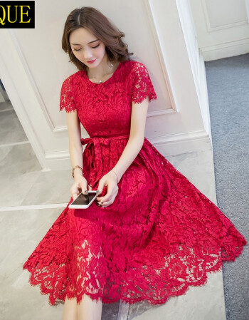 vkque 雷丝红裙子2018夏女装结婚订婚回门镂空礼服裙蕾丝连衣裙长裙大