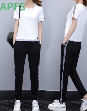 女2018新款女装韩版时尚夏装短袖长裤休闲衣服两件套 白上衣黑裤子 l