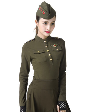 新款水兵舞套装广场舞服装团队演出长袖短袖女t恤 6a066军绿色长袖t恤