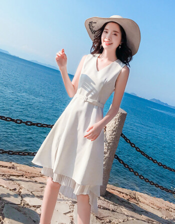 温柔裙子夏少女2018新款超仙中长款收腰v领无袖小清新雪纺连衣裙 白色