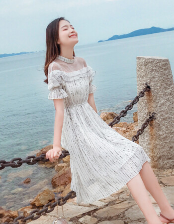 温柔裙子夏少女2018新款中长款ins超火收腰超仙小清新雪纺连衣裙 白色