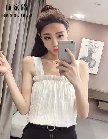 康家路港味复古吊带小背心女宽松荷叶边小清新露肩雪纺无袖上衣女夏外