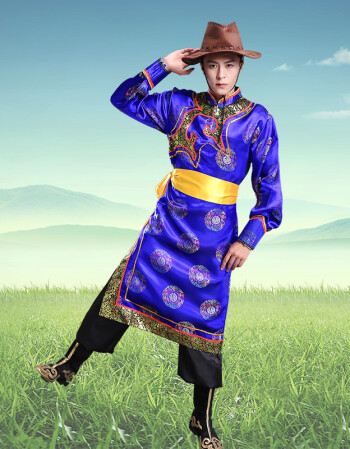 2018新品品蒙古袍男新款缎子面料蒙古袍表演服成人男蒙古舞蹈服礼服