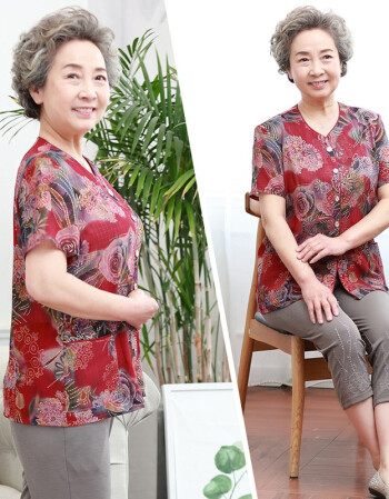 大码中老年装女新中长袖绣花衬衫端庄气质奶奶夏天衣服妈妈两件套