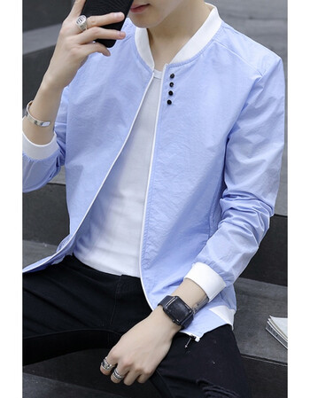 薄款防晒衣男士韩版修身青少年棒球服潮男装薄款夹克外套衣服 天蓝 l