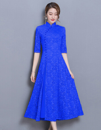 旗袍2018新款中国风时尚显瘦日常改良版蕾丝连衣裙中长款少女 蓝色 s