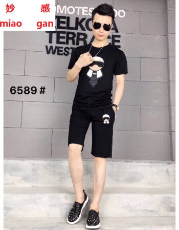 启妙感 潮牌2018夏季新款潮牌明星同款休闲套装男拼皮