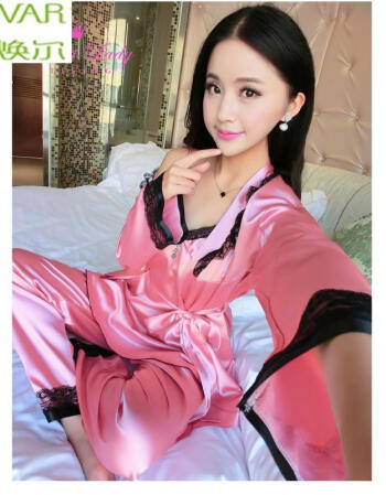 诺焕尔- 春秋季性感真丝睡衣女士吊带睡袍三件套丝绸蕾丝 xrfs3 豆沙