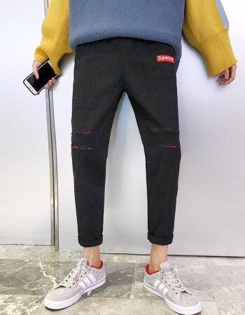 裤子男士夏季休闲裤修身韩版潮流破洞小脚裤运动裤bf风长裤哈伦裤 红