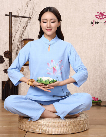 春夏大师纯棉麻 禅修服 女 居士服太极服打坐服 瑜伽运动套装女 浅