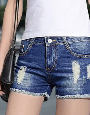破洞毛边牛仔短裤女生薄款高腰卷边女装破洞牛仔裤女lk2268yz 深蓝色